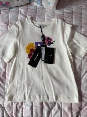 Dolce & Gabbana Cream Tee with Yellow & Purple Floral Logo